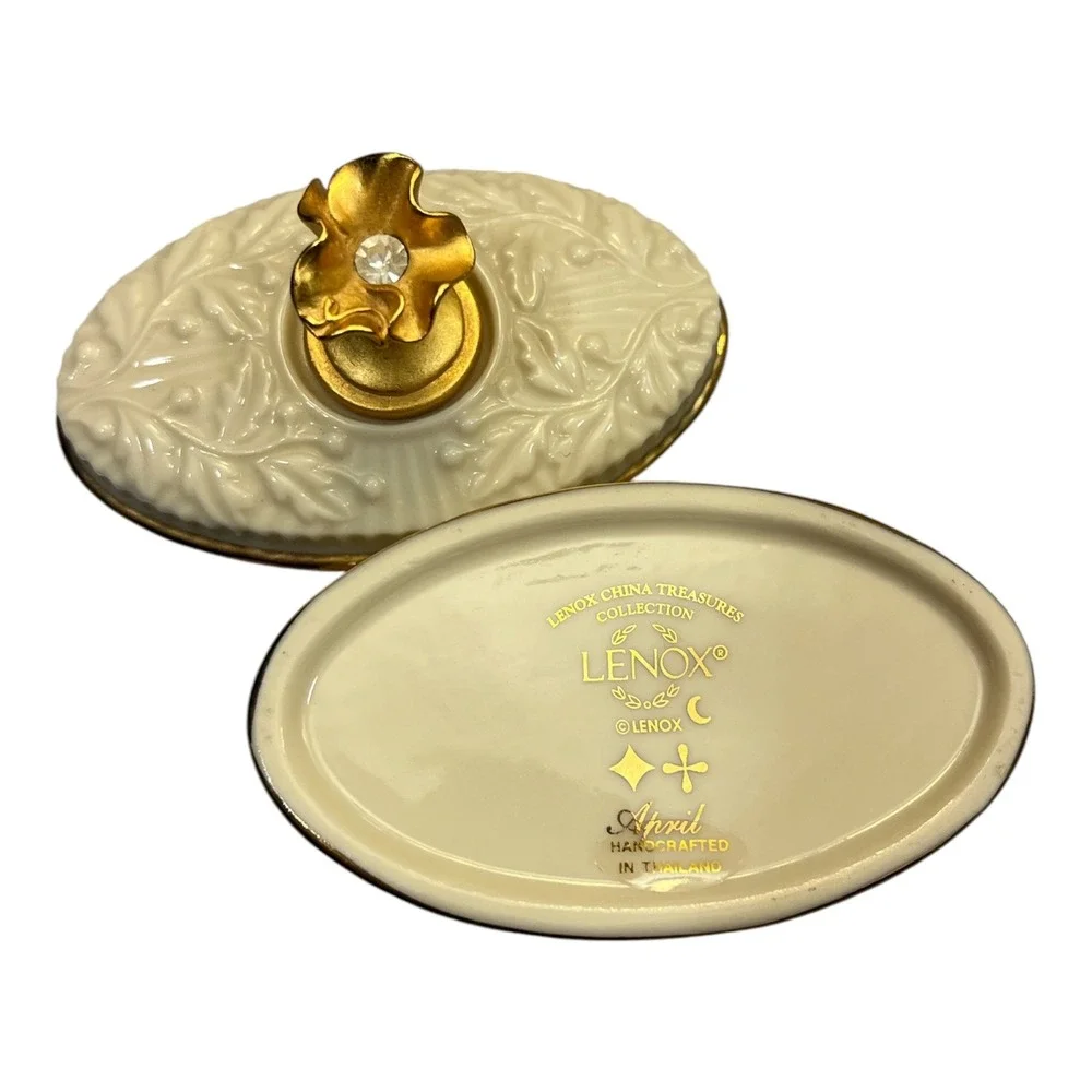Lenox China Treasures April Birthstone Trinket Box Ivory Gold Flower Crystal